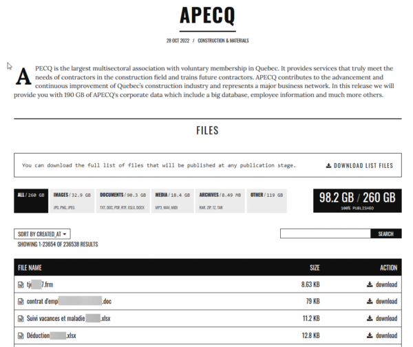 APECQ, copie d'écran du dark web
